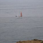 Small sailboat with an orange sail bearing a peace symbol gliding on calm gray-blue water, rocky shore in the foreground.